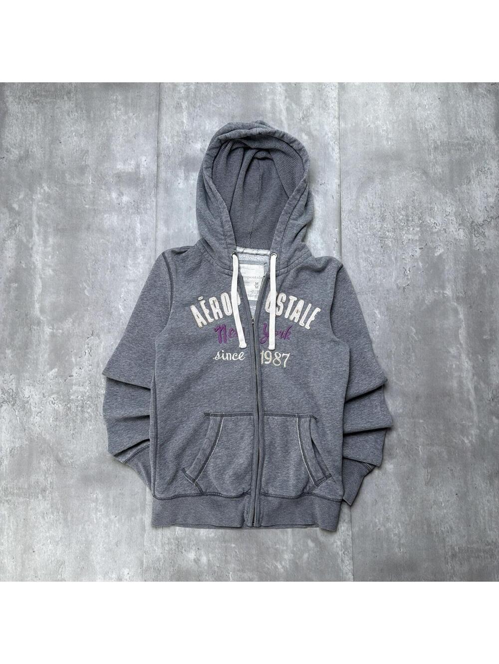 Y2K Gray Aeropostale Grunge Distressed Skater Thermal Zip Up Hoodie